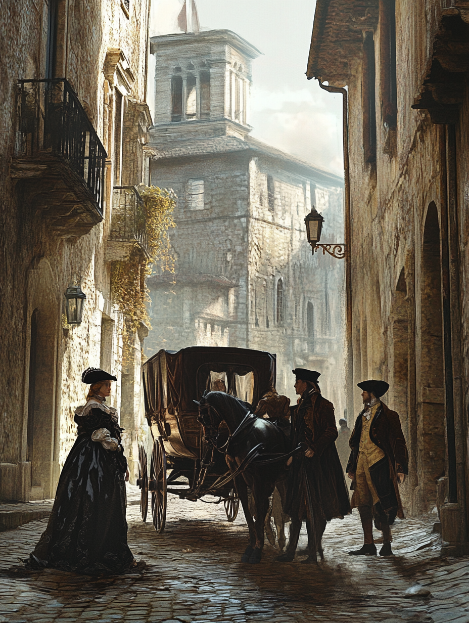 a scene of historical travel. Show a small group of figures dressed in period attire, standing beside a horse-drawn carriage.