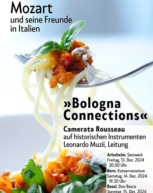 Bern concert poster with world premieres by Gasparini, revised by Luca Bianchini and Anna Trombetta, conductor Leonardo Muzzi, Camerata Rousseau